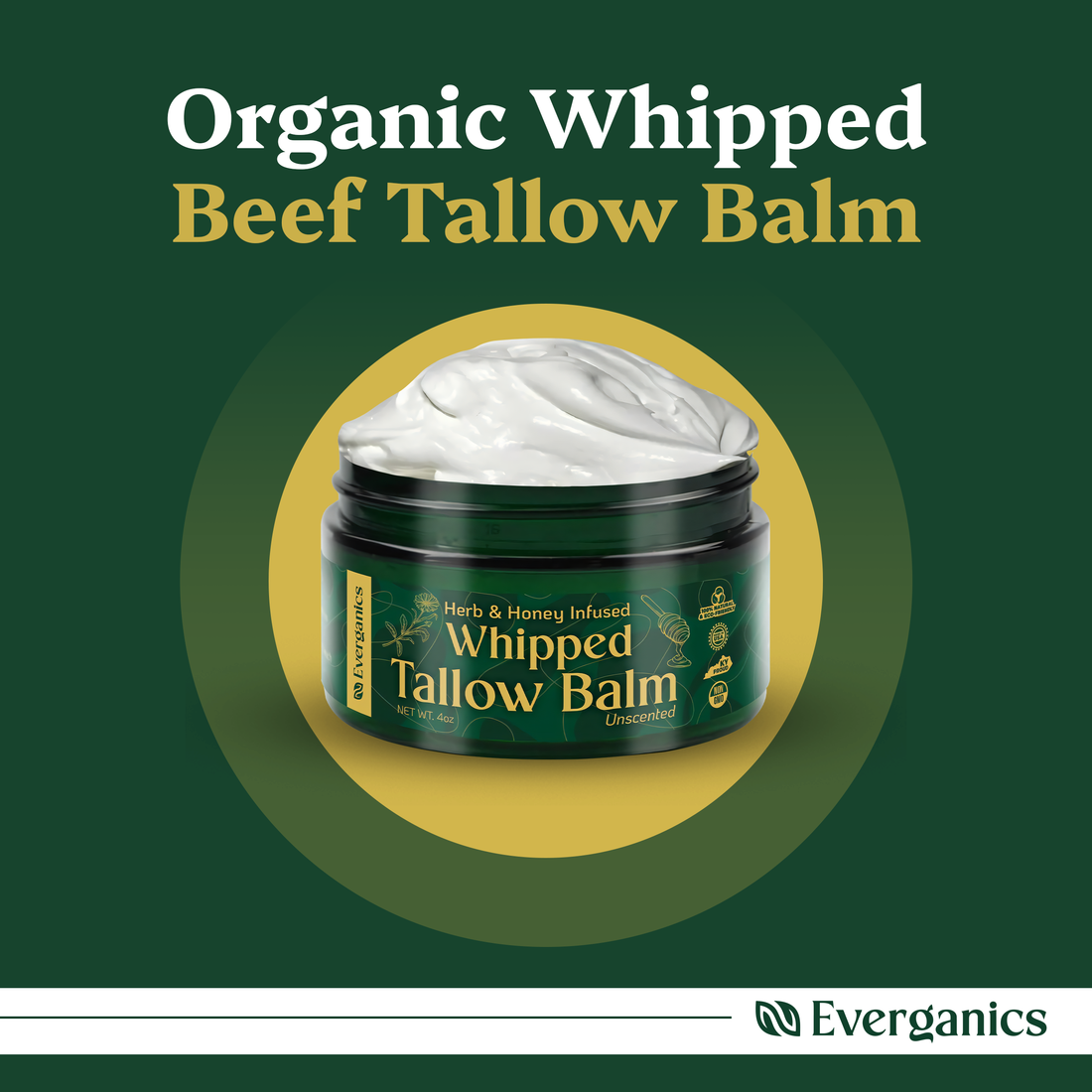 Organic Whipped Beef Tallow Balm w/ 9 Natural Ingredients for Healthy Skin | Unscented 4oz